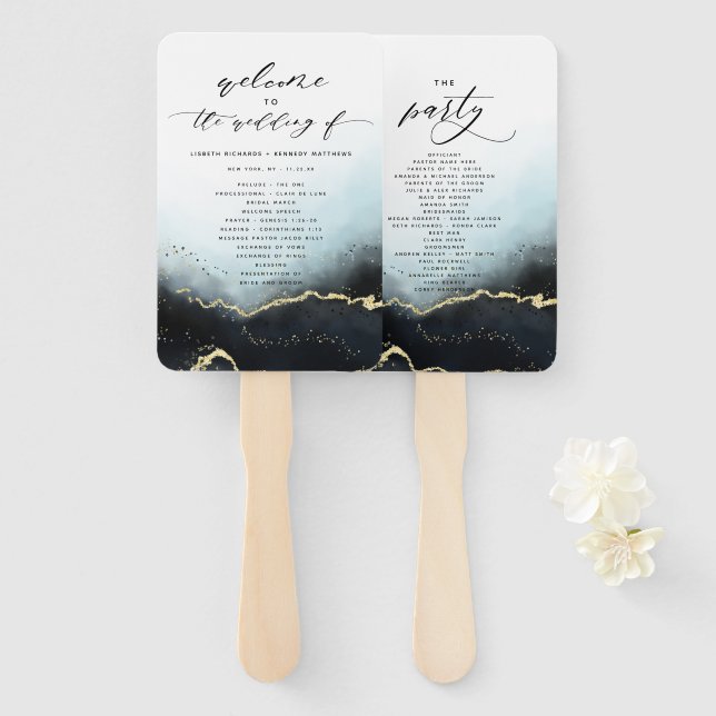 Ethereal Mist Ombre Navy Wedding Ceremony Program Hand Fan (Front and Back)