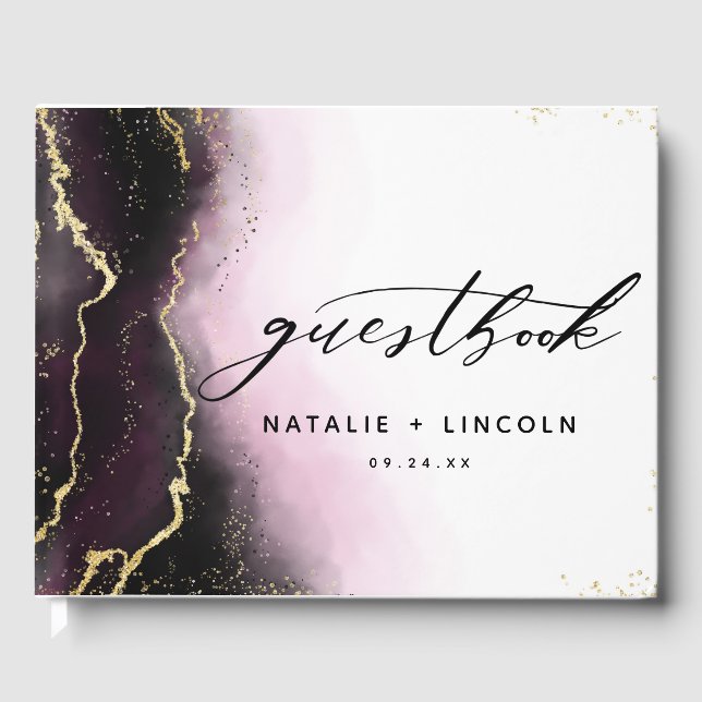Ethereal Mist Ombre Wine Burgundy Gilded Wedding Guest Book (Front)