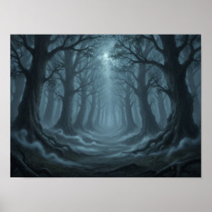 Ethereal Misty Enchanted Forest Night Landscape Ar Poster