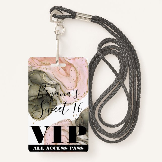 Ethereal Moody Pink Black Gold VIP Party Pass Badge (Front with Lanyard)