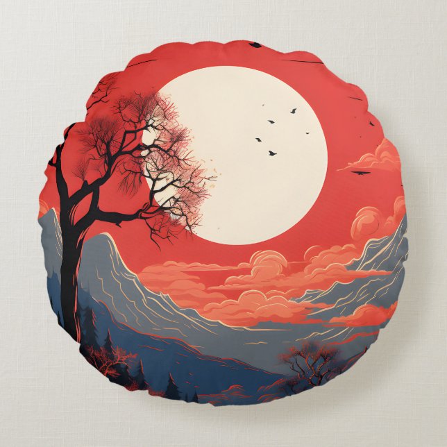 Ethereal Moon In A Red Sky Over The Mountains Round Pillow (Front)