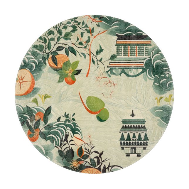Ethereal orange pattern with Zen temples Cutting Board (Front)