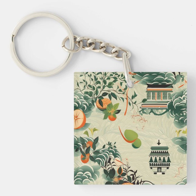 Ethereal orange pattern with Zen temples Keychain (Front)