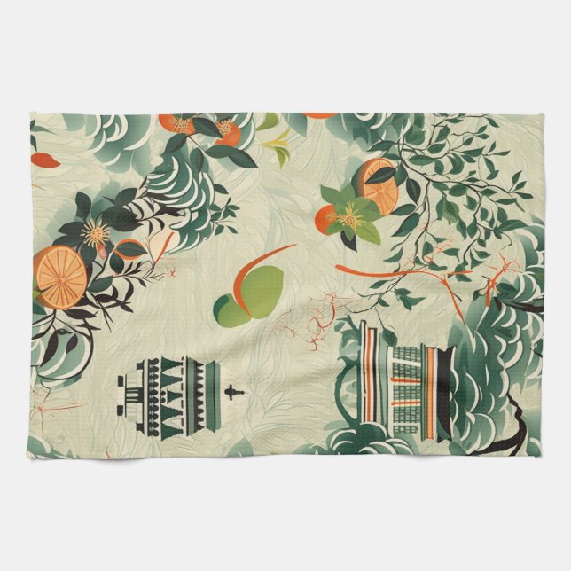 Ethereal orange pattern with Zen temples Kitchen Towel (Horizontal)