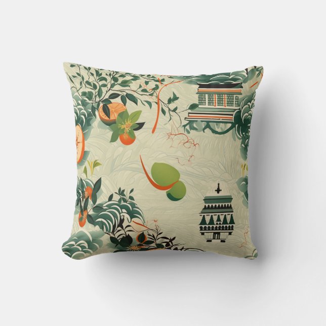 Ethereal orange pattern with Zen temples Throw Pillow (Front)