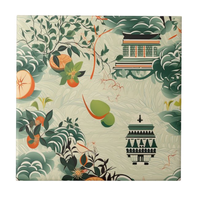 Ethereal orange pattern with Zen temples Tile (Front)