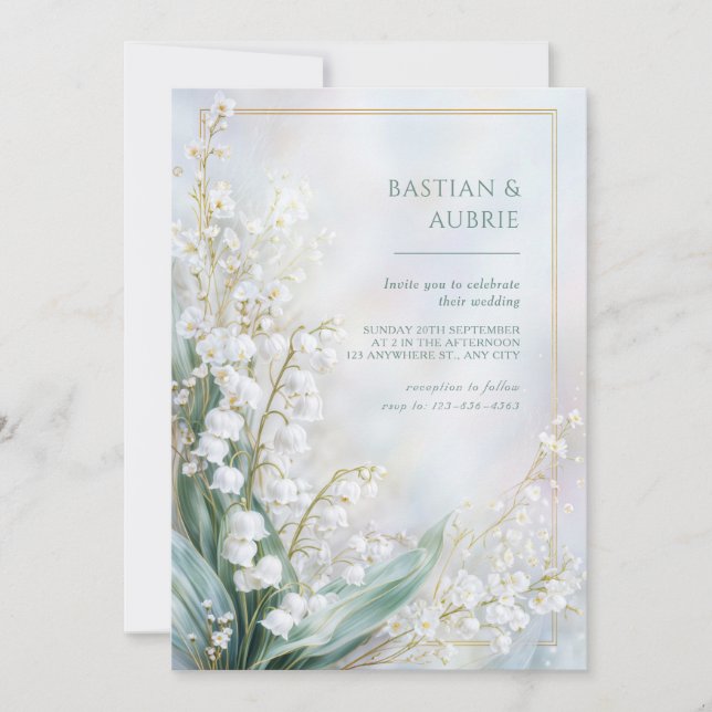 Ethereal Pastel Lily Valley Gold Frame Wedding Invitation (Front)