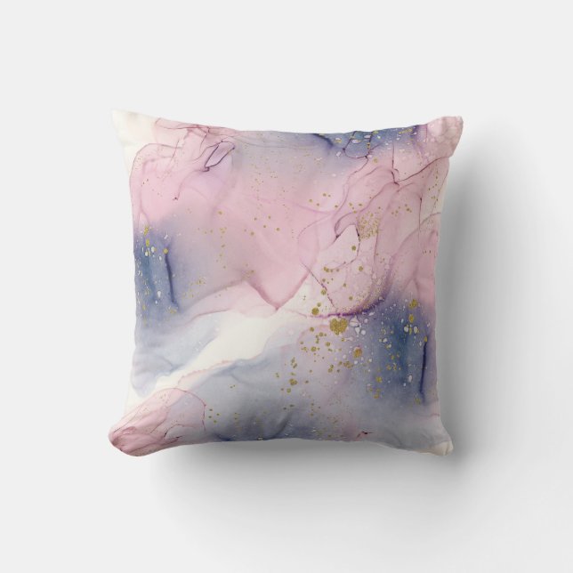 Ethereal Periwinkle Pink & Gold Inky Fantasy Glam Throw Pillow (Front)