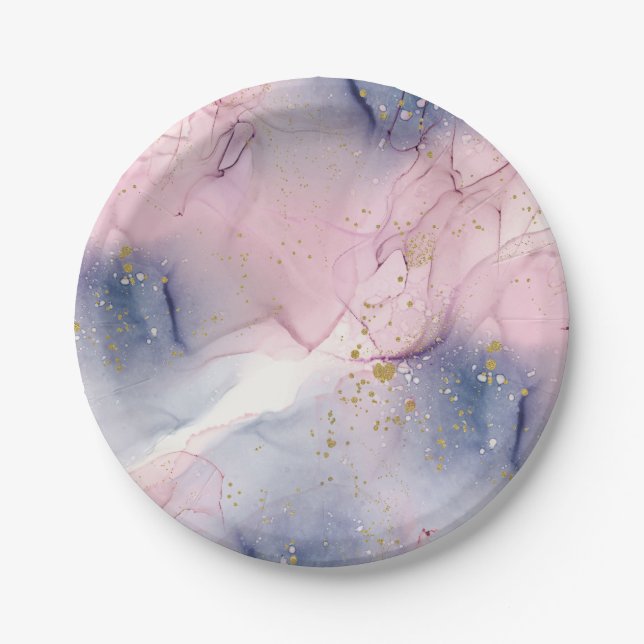Ethereal Periwinkle Pink & Gold Inky Fantasy Party Paper Plate (Front)