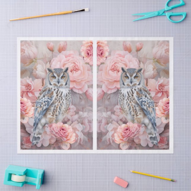 Ethereal Pink Florals & Owl Decoupage Tissue Paper (Craft)