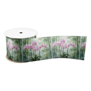 Ethereal Pink Orchids and Bamboo Satin Ribbon