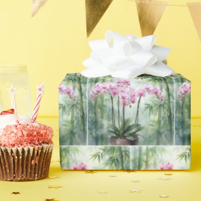 Ethereal Pink Orchids and Bamboo Wrapping Paper (Birthday Party)