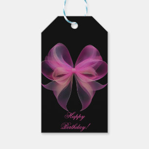 Ethereal Pink Tulle Bow on Black Happy Birthday Gift Tags