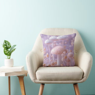 Ethereal Plush Mushroom Garden,Soft Pastel Fantasy Throw Pillow