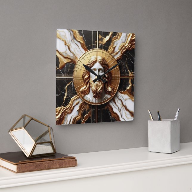 Ethereal Presence Face of Jesus Carved in Marble Square Wall Clock (Office)