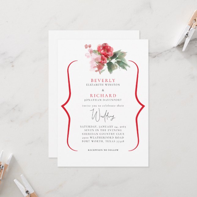 Ethereal Red floral Elegant White Wedding Invitation (Front/Back In Situ)