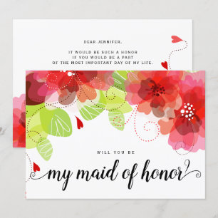 Ethereal red flowers will you be my maid of honour invitation