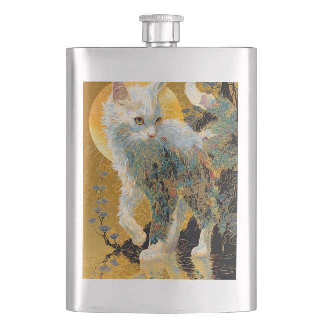 Ethereal Rinpa Kitten | Japanese Golden Mist Hip Flask (Front)