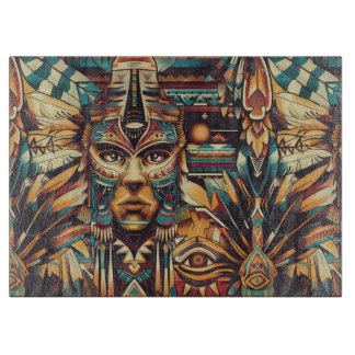 Ethereal Sapphire "Mesoamerican Motif" Glass Prep  Cutting Board