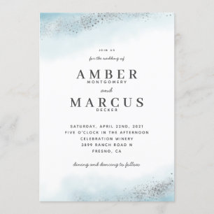 Ethereal Silver Glitter Blue Wedding Invitation