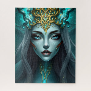 Ethereal Silver-Haired Goddess in Golden Filigree  Jigsaw Puzzle