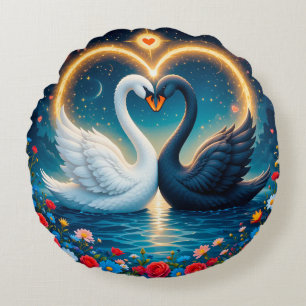 Ethereal Swans Forming a Heart  Round Pillow