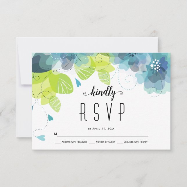 Ethereal teal, blue flowers floral wedding RSVP (Front)