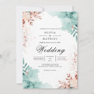 Ethereal Teal & Blush Flourish Wedding Invitation