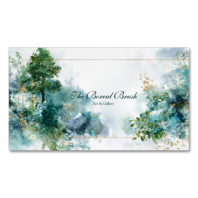 Ethereal Teal Forest Gold Sparkle Magnetic Business Card (Front)