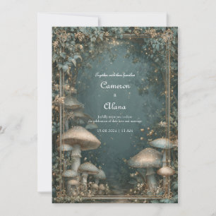 Ethereal Teal Mushroom Forest Gold Frame Wedding Invitation