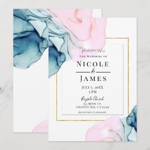 Ethereal Teal Pink Elegant Gold Modern Wedding Invitation