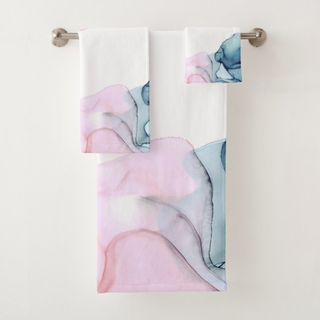 Ethereal Teal & Pink Inky Fantasy Modern Glamour Bath Towel Set (Insitu)
