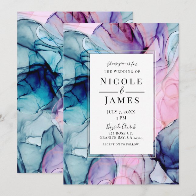 Ethereal Teal Pink Purple Inky Modern Glam Wedding Invitation (Front/Back)