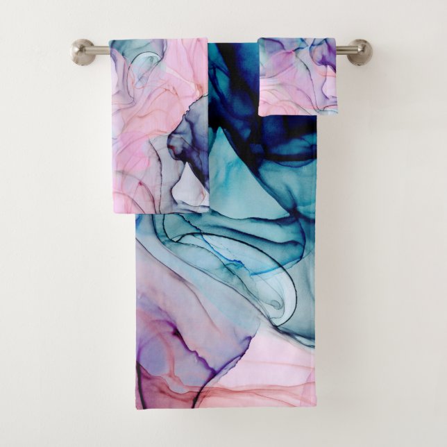 Ethereal Teal Pink Purple Inky Modern Glamour Bath Towel Set (Insitu)
