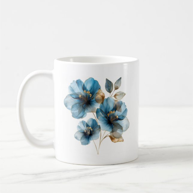 Ethereal watercolor azure blue and gold flowers coffee mug (Left)