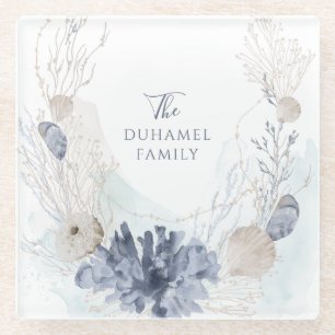 Ethereal Watercolor Coastal Coral Seashell Family Glass Coaster