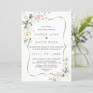 Ethereal Watercolour Roses Leaves Gold Wedding Invitation