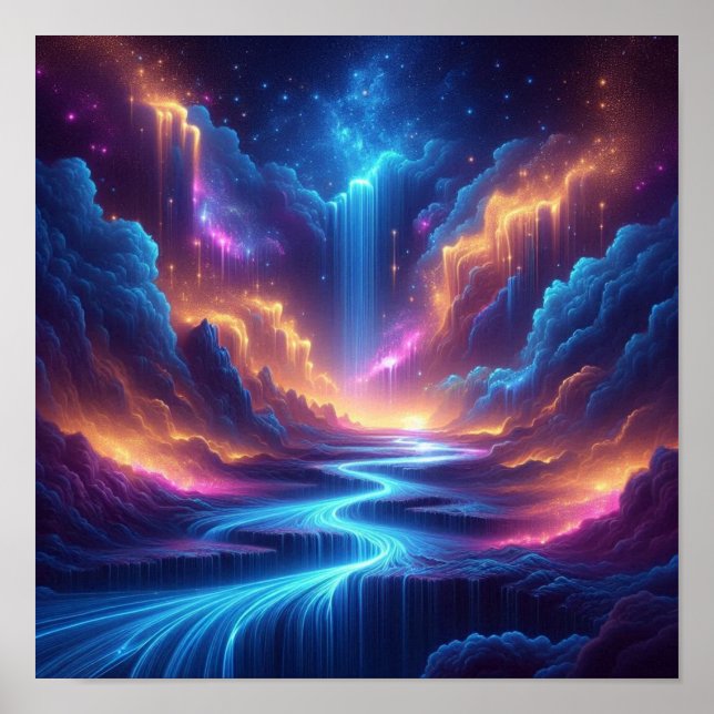 Ethereal Waterfalls Blending with a Starry Horizon Poster (Front)