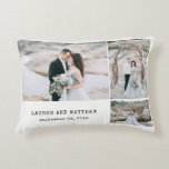 Ethereal Wedding 3 Photo Collage and Grey Stripes Decorative Pillow<br><div class="desc">This simple and stylish pillow has room for three of your personal photos,  plus your names and wedding date in vintage look typewriter text. The back features trendy  watercolor look grey stripes.</div>