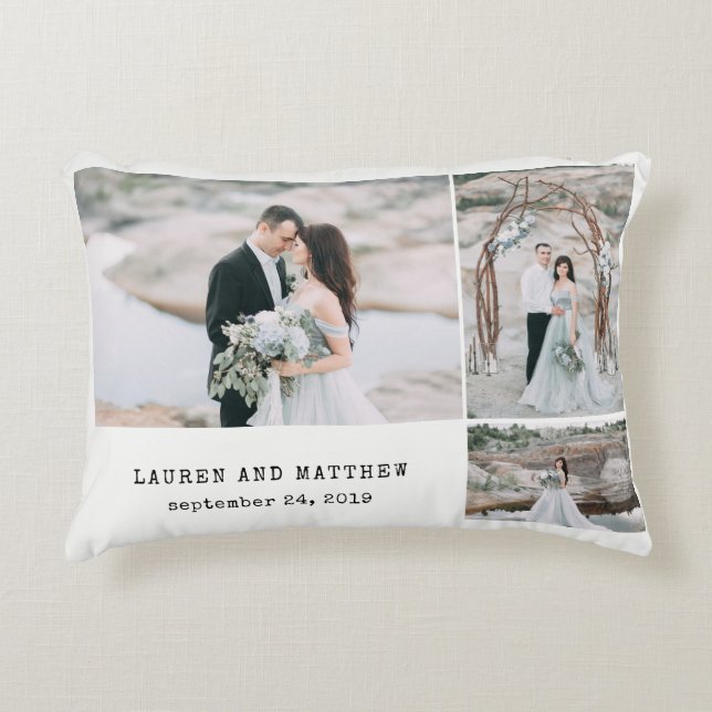 Ethereal Wedding 3 Photo Collage and Grey Stripes Decorative Pillow (Front)
