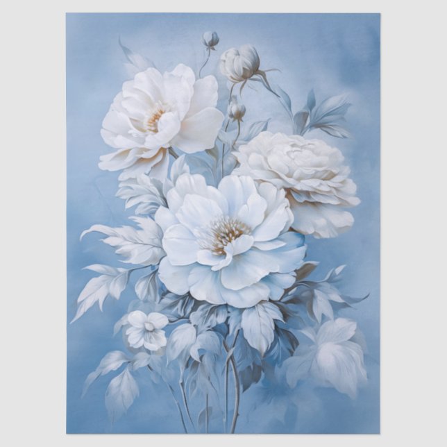 Ethereal White & Blue Floral Bouquet Decoupage Tissue Paper (Front)
