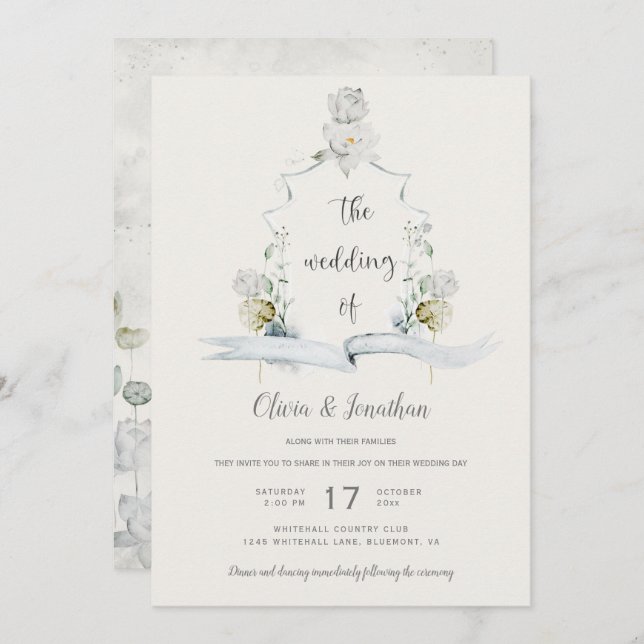 Ethereal White Floral Sage Green Crest Wedding Invitation (Front/Back)