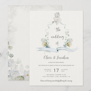 Ethereal White Floral Sage Green Crest Wedding Invitation