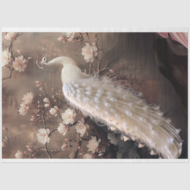 Ethereal White Peacock, Moody Magnolia Floral  Tissue Paper (Front)