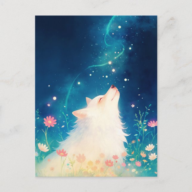 Ethereal White Wolf in Starry Meadow Postcard (Front)