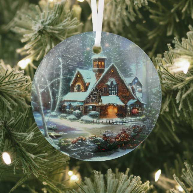 Ethereal Winter Scene Kinkade Inspired Glass Ornament (Insitu)