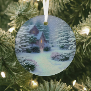 Ethereal Winter Scene Kinkade Inspired Glass Ornament
