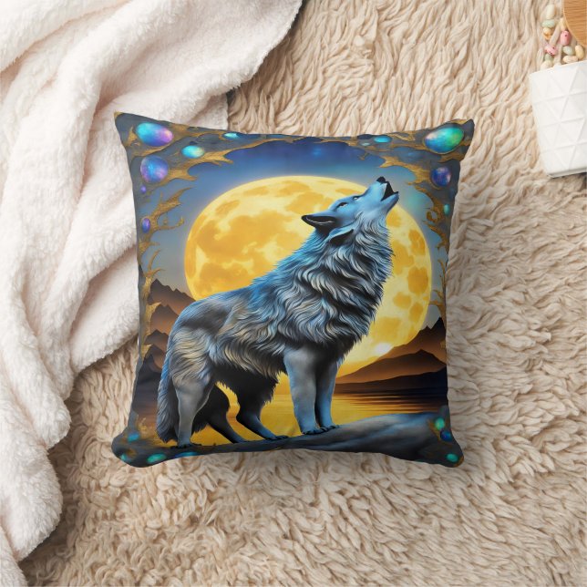 Ethereal Wolf Howls Under a Full Moon Throw Pillow (Blanket)