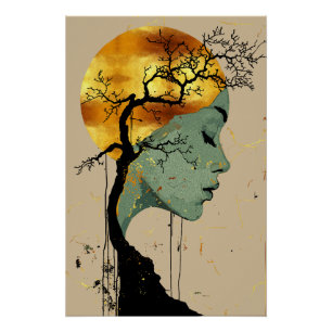 Ethereal Woman in Tree Silhouette Moon Poster