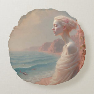 Ethereal Woman on Dreamy Beach Round Pillow